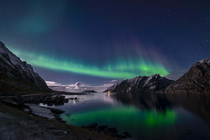 Aurora Borealis, malam, lampu Utara, Norwegia, Kepulauan Lofoten, Wallpaper HD