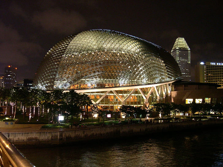 Centre culturel de nuit, bâtiment de sculpture marron, architecture, lumières, culturel, moderne, singapour, centre, nuit, animaux, Fond d'écran HD