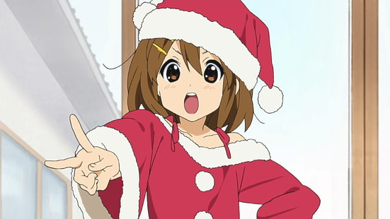 аниме, рождество, девушки, hirasawa, k on, наряды, мир, скриншоты, знак, юи, HD обои HD wallpaper