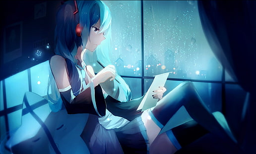 Обои Hatsune Miku, Vocaloid, Hatsune Miku, длинные волосы, хвостики, наушники, плач, дождь, юбка, бедра, галстук, аниме девушки, аниме, голубой, HD обои HD wallpaper