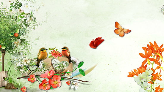 작은 새의 불가사의, 봄, 파이어 폭스 페르소나, 조류, 심장, 나무, 나비, 여름, 꽃, 동물, HD 배경 화면 HD wallpaper