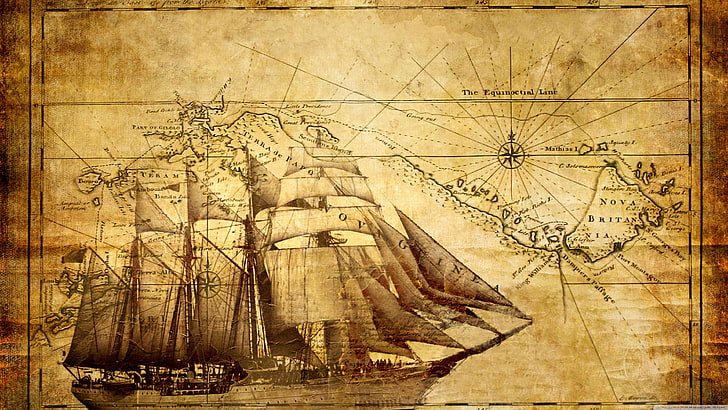 old map, sailing ship, galleon, map, ship of the line, history, caravel, slave ship, galiot, galley, fluyt, old, antique, historical, HD wallpaper