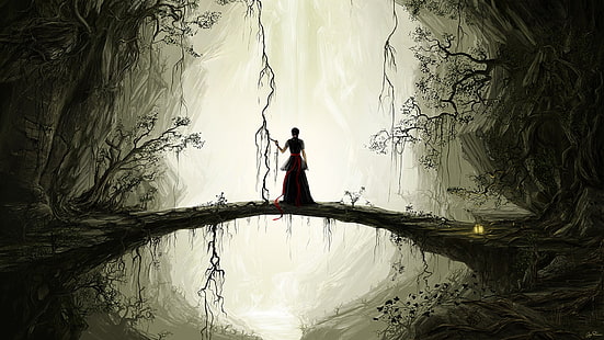 Kobieta na gałęzi drzewa tapeta, las, mrok, dziewczyna fantasy, sztuka fantasy, natura, krajobraz, Tapety HD HD wallpaper