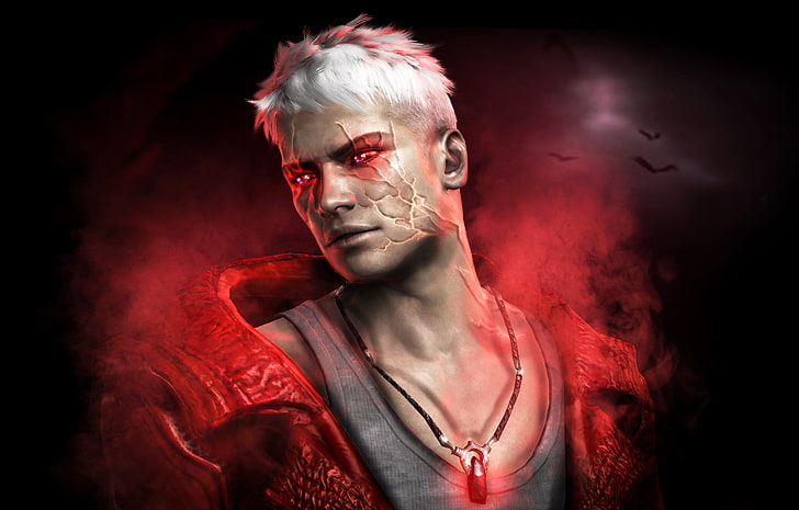 olhos vermelhos de personagem masculino e ilustração de camisa vermelha, o jogo, cabelos brancos, diabo pode chorar, dmc, HD papel de parede