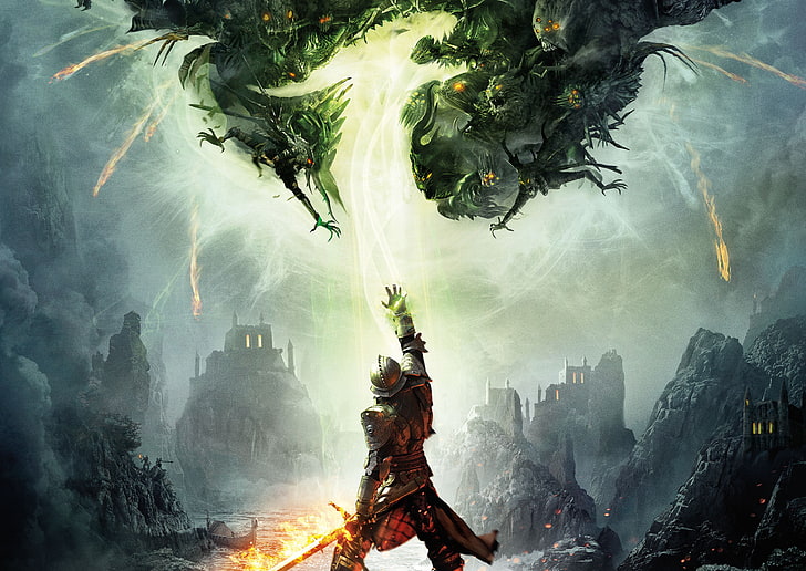 rycerz trzymający miecz podnoszący prawą rękę na niebie tapeta cyfrowa, góry, rzeka, broń, ogień, magia, łódź, smok, dym, miecz, zbroja, piekło, wojownik, BioWare, Electronic Arts, Dragon Age: Inquisition, Tapety HD