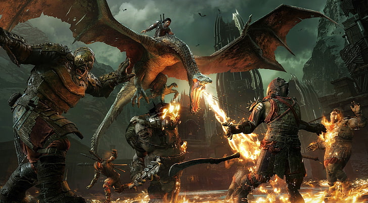 fondo de pantalla del juego, fuego, llama, juego, armadura, hombre, dragón, guerrero, chispa, Sombra de guerra de la Tierra Media, trll, Nazgûl, Fondo de pantalla HD