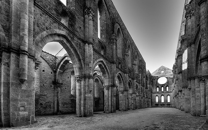grayscale photo of abandoned building, Church, Black and white, The ruins, HD wallpaper