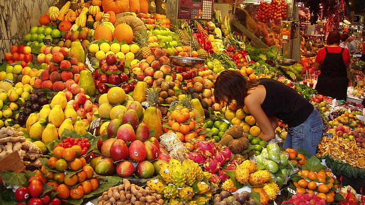 пазар, плодове, храна, търговски обект, хранителен магазин, продукция, зеленчуци, здравословен, диета, зеленчук, плодове, място на бизнес, прясно, ябълка, оранжево, яде, жълто, здраве, вегетарианско, хранене, сладко, органично, хранене, пазар, заведение, грозде, грозде, цветен, домат, готвене, витамин, сочен, вкусен, свежест, витамини, лимон, земеделие, круша, лека закуска, узрял, HD тапет