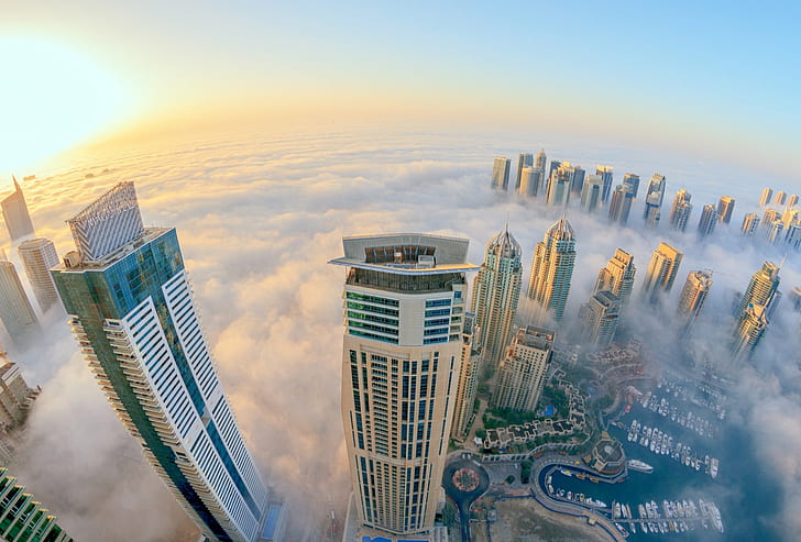 град, Дубай, мъгла, небостъргачи, изглед, HD тапет