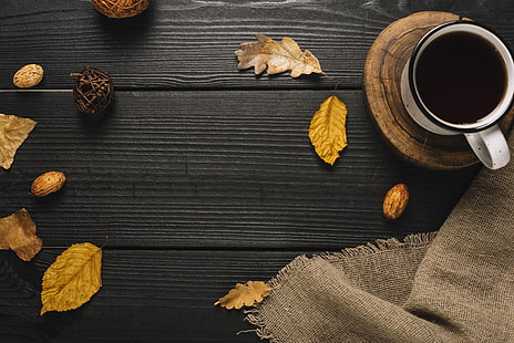 осень, листья, фон, дерево, кофе, красочно, кружка, чашка, винтаж, дерево, HD обои HD wallpaper