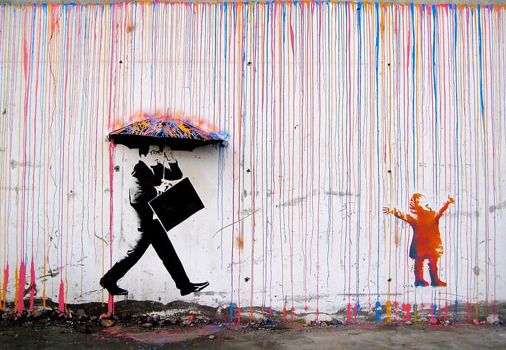 man under umbrella wall painting, abstract, graffiti, HD wallpaper