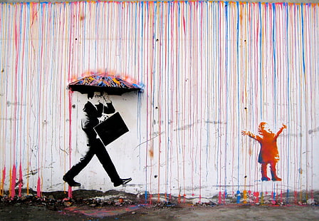 رجل تحت مظلة لوحة الحائط ، مجردة ، الكتابة على الجدران، خلفية HD HD wallpaper