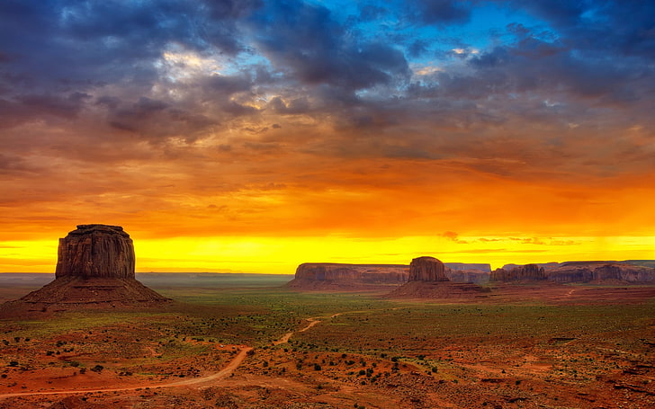 Monument Valley, sunset, desert, rock formation, dirt road, landscape, HD wallpaper
