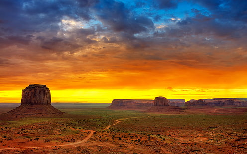Monument Valley, พระอาทิตย์ตก, ทะเลทราย, การก่อตัวของหิน, ถนนลูกรัง, ภูมิทัศน์, วอลล์เปเปอร์ HD HD wallpaper
