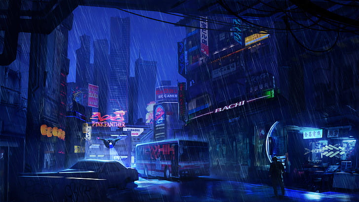Фантастика, город, киберпанк, ночь, дождь, небоскреб, HD обои