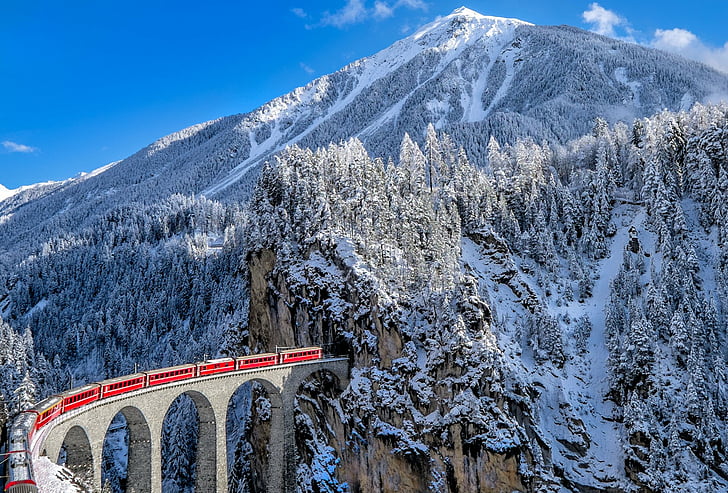 صنع الإنسان ، الجليدي السريع ، الجسر ، القطار ، الشتاء، خلفية HD