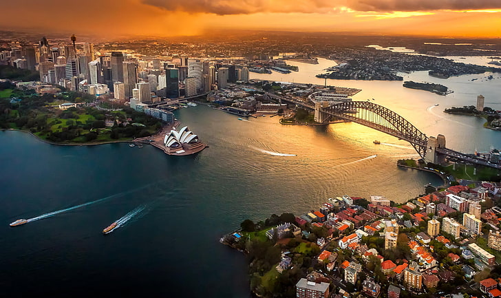 Kota, Sydney, Australia, Bangunan, Pelabuhan, Buatan Manusia, Pelabuhan Sydney, Jembatan Pelabuhan Sydney, Gedung Opera Sydney, Wallpaper HD