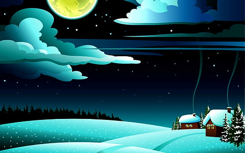 Winter Wonder L, illustrazione di casa dipinta marrone e bianco, paesaggio, alberi, colline, boschi, case, neve, fumo, luna piena e nuvole, 3d e astratto, Sfondo HD HD wallpaper