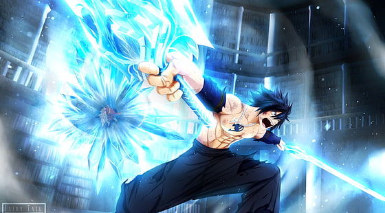 мужчина держит меч иллюстрации, аниме, Fairy Tail, Fullbuster Grey, HD обои HD wallpaper