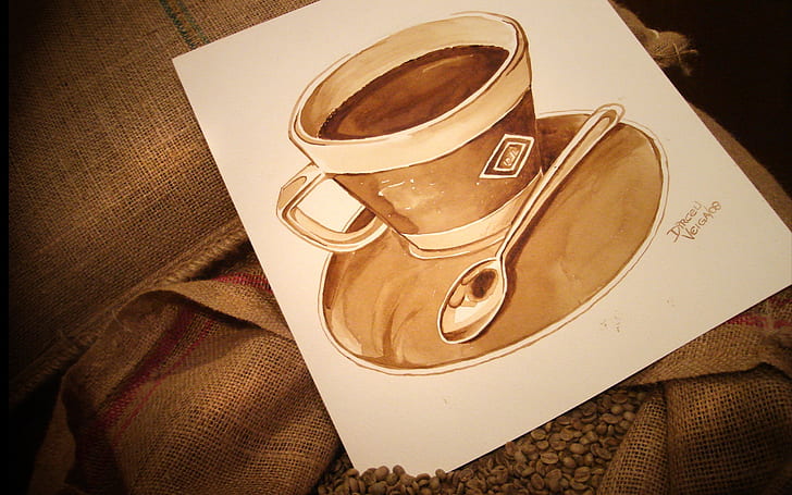 紙、気分、コーヒー、穀物、プレート、スプーン、マグカップ、カップ、バッグ、描かれた一杯のコーヒー、 HDデスクトップの壁紙