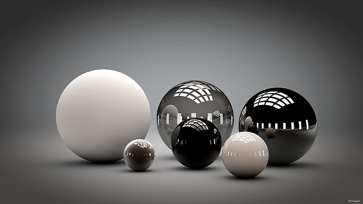 boules blanches et noires, boules, forme, élégant, réflexion, Fond d'écran HD