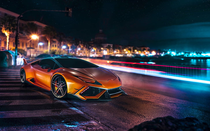 оранжевый люкс-кар, Lamborghini Huracan, суперкар, Lamborghini, оранжевый, длительная выдержка, ночь, дорога, город, HD обои