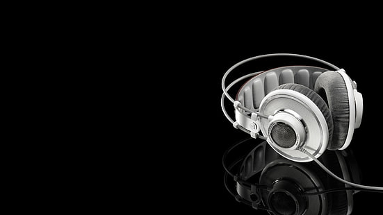 headphone, hitam, putih, AKG, musik, satu warna, teknologi, refleksi, minimalis, latar belakang hitam, Wallpaper HD HD wallpaper
