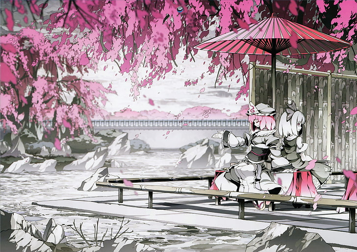 Touhou, Konpaku Youmu, Saigyouji Yuyuko, rosa, flor de cerezo, Fondo de pantalla HD