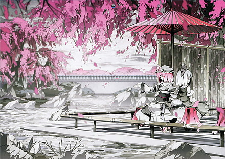 Touhou, Konpaku Youmu, Saigyouji Yuyuko, merah muda, bunga sakura, Wallpaper HD HD wallpaper