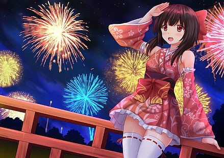megumin, konosuba, festival, yukata, brown hair, fireworks, Anime, HD wallpaper HD wallpaper
