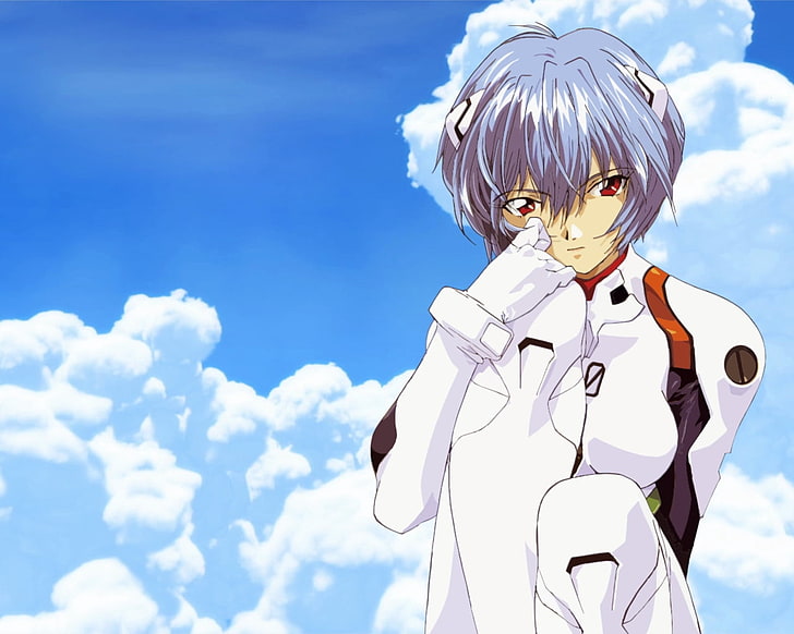 gray-haired male anime character, evangelion, girl, sky, pose, costume, gesture, HD wallpaper