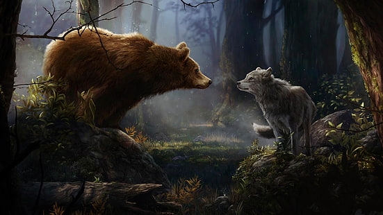 หมาป่าสีเทา, ความเป็นป่า, สัตว์ป่า, หมี, หมาป่า, ป่า, การ์ตูน, ภาพประกอบ, เหมือนฝัน, ดินแดนแห่งความฝัน, เรื่องเล่า, เยี่ยมยอด, ศิลปะในเทพนิยาย, วอลล์เปเปอร์ HD HD wallpaper