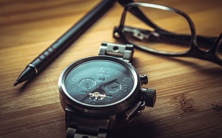 кръгъл часовник с U-Boat хронограф, черен и сребрист, часовник, часовници, очила, писалка, HD тапет
