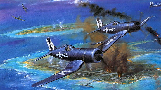 the sky, fire, smoke, figure, island, art, fighters, the airfield, aircraft, WW2, American, deck, single, F4U 