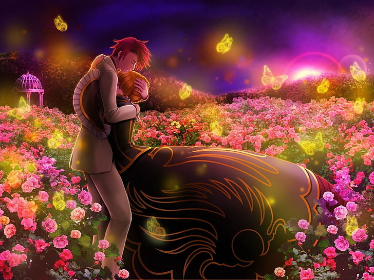 анимированные мужчина и женщина, обнимающие обои, мальчик, девочка, объятия, нежность, луг, бабочки, цветы, HD обои