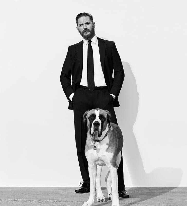Tom Hardy, monochrome, dog, HD wallpaper