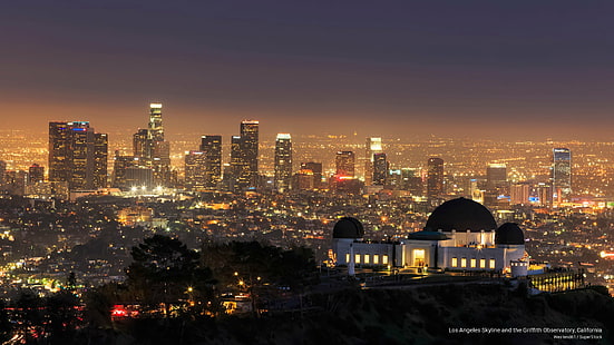 Los Angeles Skyline and the Griffith Observatory, California, Architecture, HD wallpaper HD wallpaper