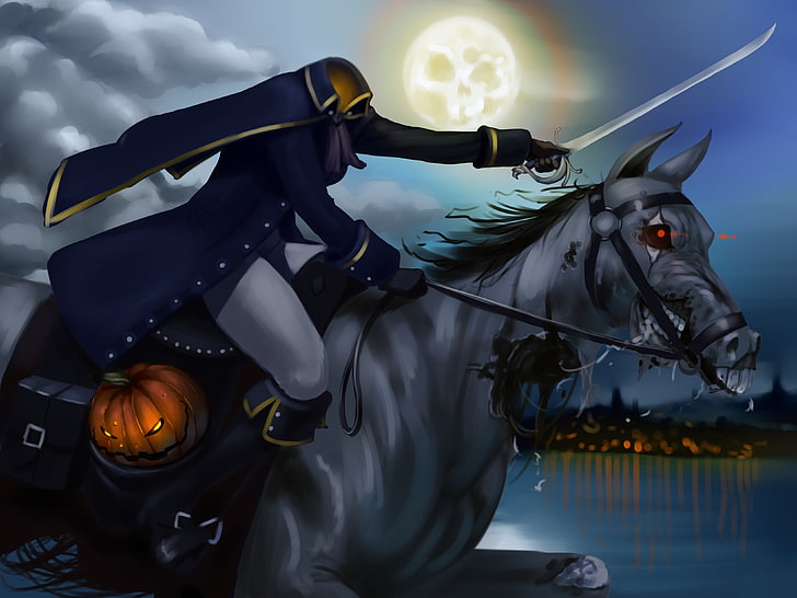człowiek trzymający miecz na koniu cyfrowa tapeta, noc, księżyc, koń, dynia, jeździec, głowa, Halloween, bez, martwy, Tapety HD