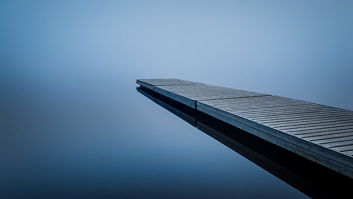 grey concrete edge, brown wooden dock, water, nature, dock, mist, wood, lake, pier, simple background, ultrawide, blue, photography, sea, calm waters, HD wallpaper