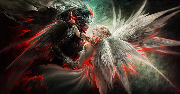 Fantasie, Liebe, Engel, Paar, Dämon, Gut gegen Böse, Mann, Flügel, Frau, HD-Hintergrundbild