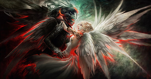 Фантазия, любов, ангел, двойка, демон, добро срещу зло, мъж, крила, жена, HD тапет HD wallpaper