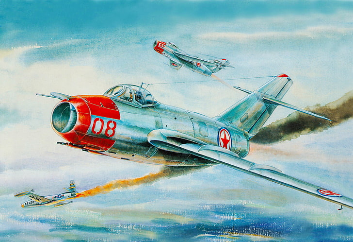 วอลล์เปเปอร์เครื่องบินขับไล่สีเทาและสีแดง, ท้องฟ้า, รูป, สงคราม, เครื่องบินรบ, การบิน, จมูก, ART, เกาหลี, The MiG-15, Fagot, F-86, Mikoyan, Gurevich, Downed, วอลล์เปเปอร์ HD