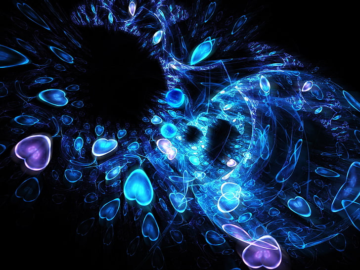 blue and purple hearts illustration, fractal, shape, heart, patterns, neon, HD wallpaper