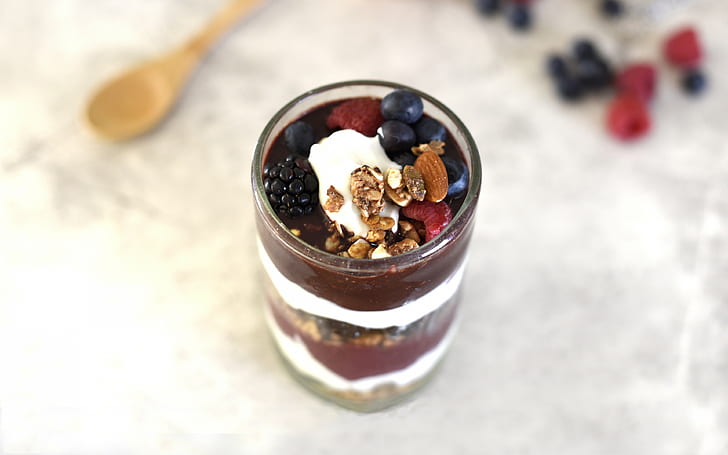 yogurt, raspberries backgrounds, blueberries, blackberries, nuts, Chocolate, download 3840x2400 yogurt, HD wallpaper