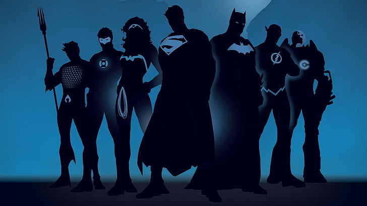 Sfondo di Justice League, silhouette di sfondo di Justice League, minimalismo, grafica, supereroe, cartone animato, Superman, Batman, Flash, DC Comics, silhouette, The Flash, Wonder Woman, Lanterna Verde, Aquaman, sfondo blu, Sfondo HD