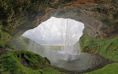 cueva, hierba, lago, cielo, cascada, Fondo de pantalla HD HD wallpaper