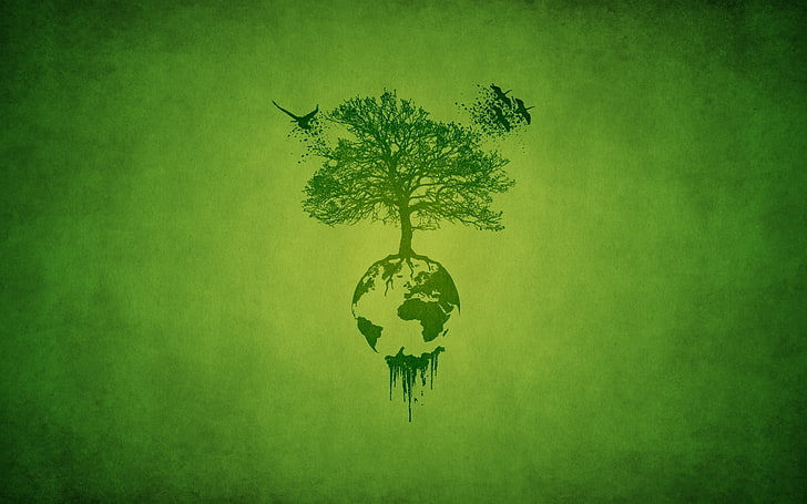 bumi dengan ilustrasi pohon, daun, burung, akar, hijau, pohon, planet, minimalis, bangau, Wallpaper HD