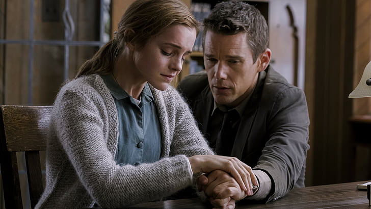 man wearing a black suit while holding a woman hands, Regression, Ethan Hawke, Emma Watson, Best movie of 2015, HD wallpaper