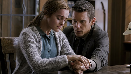 man wearing a black suit while holding a woman hands, Regression, Ethan Hawke, Emma Watson, Best movie of 2015, HD wallpaper HD wallpaper