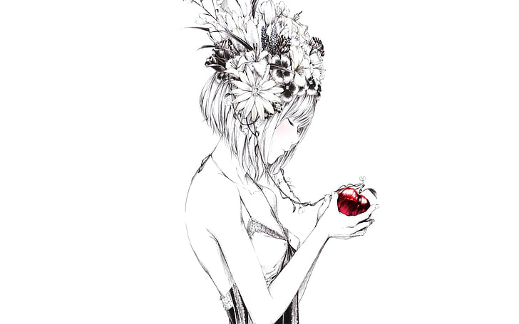 woman holding apple illustration, flowers, figure, Apple, Girl, art, Sawasawa, HD wallpaper